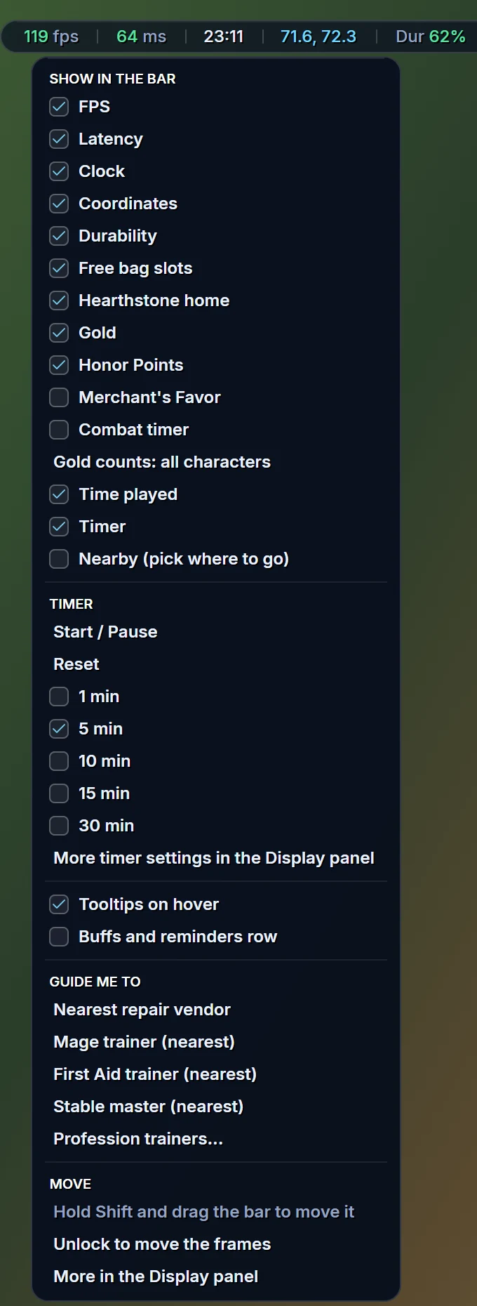 The right-click menu of the info bar under the bar itself, with check boxes for FPS, latency, clock, coordinates, durability, free bag slots, hearthstone home, gold, honor points, time played and a timer with its start, pause and reset entries