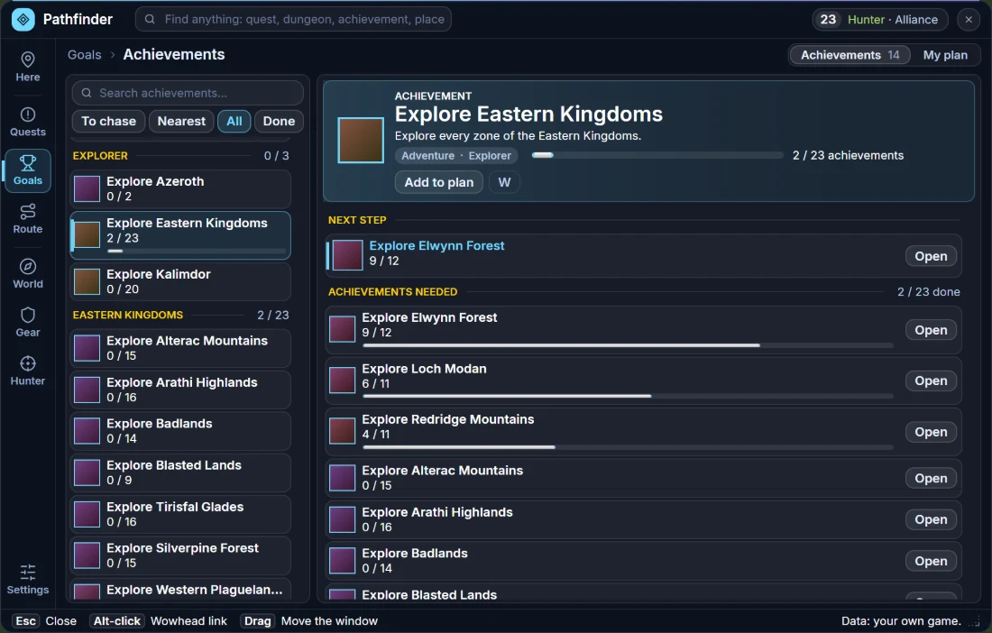 Plan window, Achievements, the All view: every achievement grouped by category with done and total per category, and the page of the meta achievement Explore Eastern Kingdoms listing each zone with its own progress and an Open button