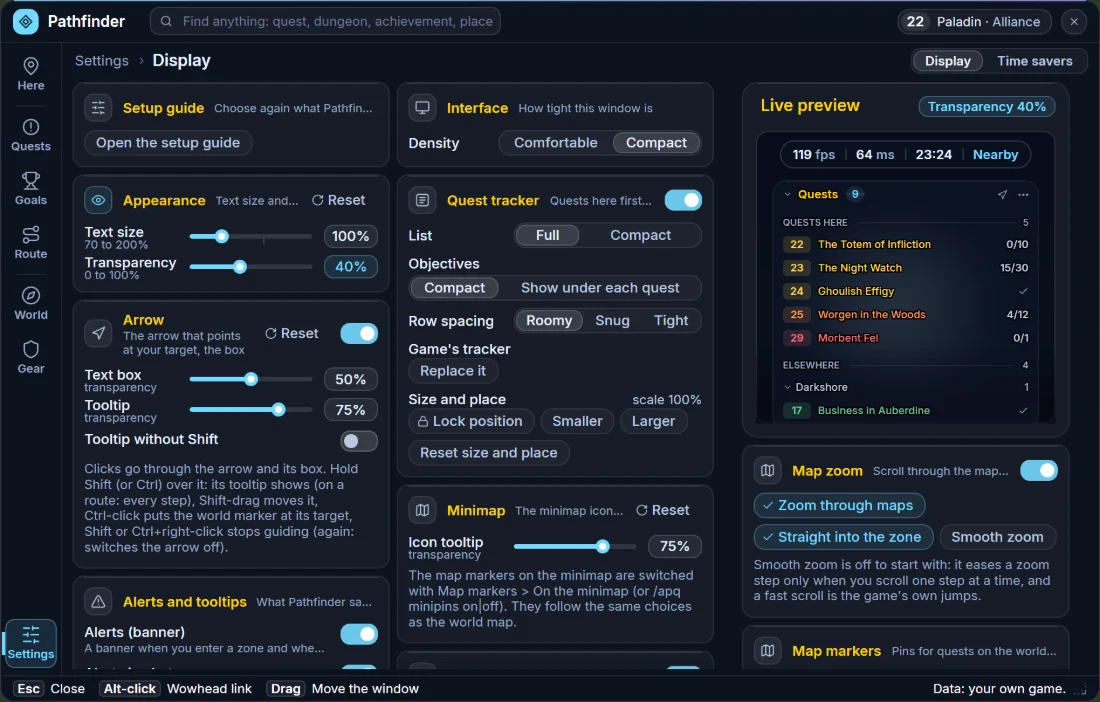 Plan window, Display in the compact window: cards in two columns (Setup guide, Interface density, Appearance with the text size and transparency sliders, Arrow, Quest tracker, Minimap, Alerts and tooltips) and on the right a live preview of the bar and the tracker with the Map zoom and Map markers cards