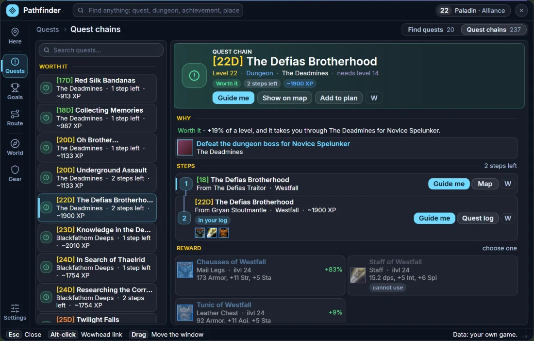 Plan window, Quest chains: the chain The Defias Brotherhood with a Worth it tag, why it is worth doing, its two steps with where to pick each up and the one in your log marked, and the reward to choose from with the upgrade shown in percent
