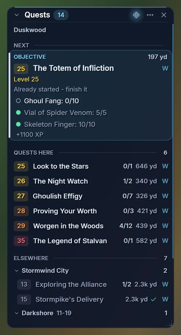 The quest tracker in the new glass look: the next objective with its level and progress, the quests here in level order and the zones under Elsewhere that fold