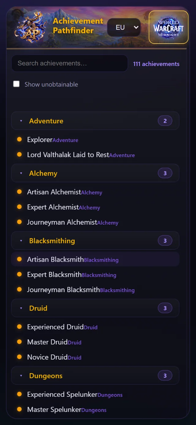 Achievement Pathfinder web app on a phone: WoW Forever achievement catalog by category